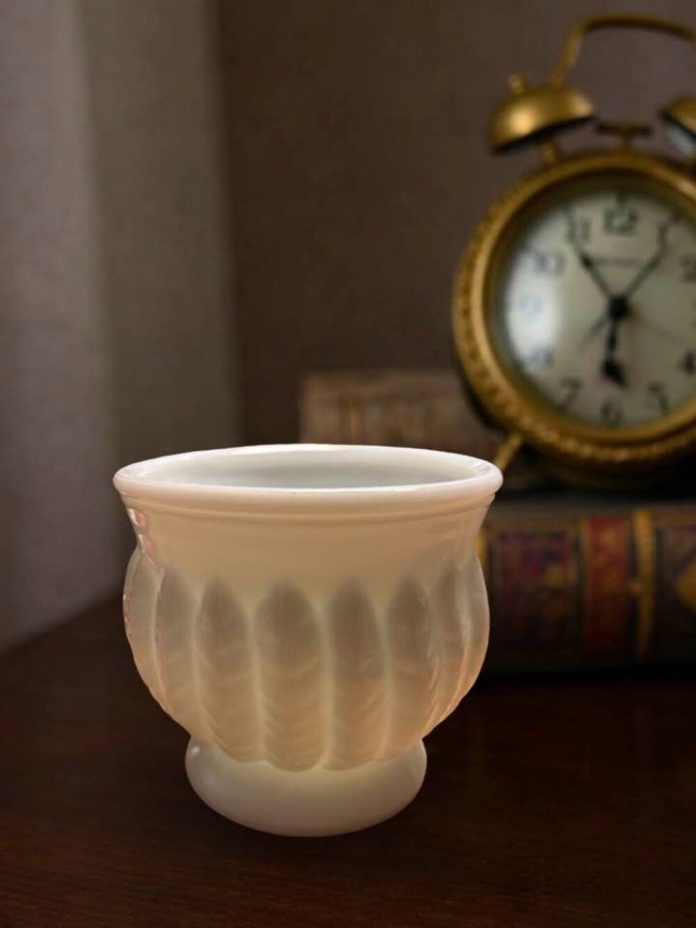 Vintage Randall White Milk Glass Vase With Feather Design Fluted Design & Pedest